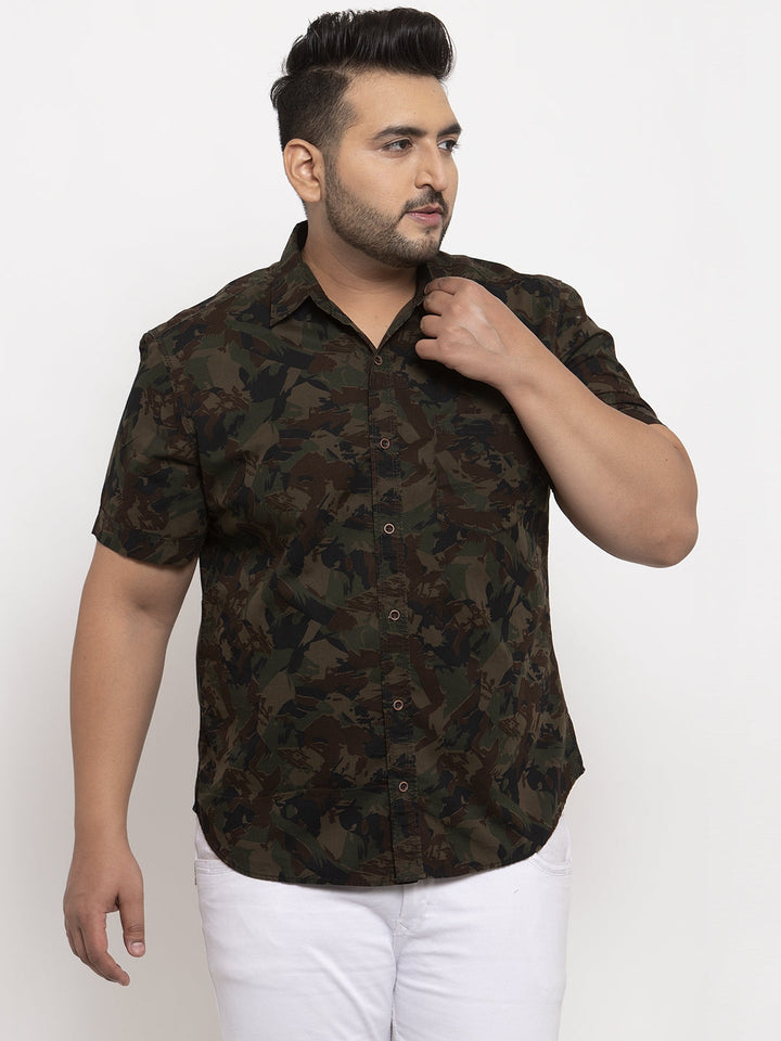 plusS Men Brown  Olive Green Camouflage Print Casual Shirt