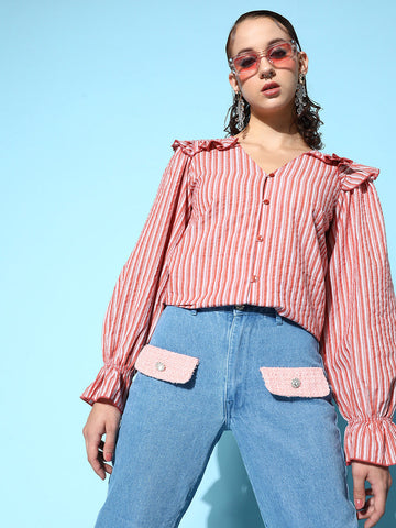 plusS Charming Red Vertical Striped Ruffled Top