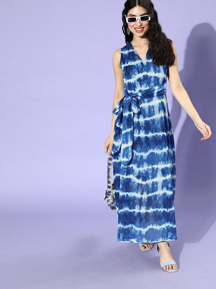 plusS Women Blue Floral Tie and Dye Dress