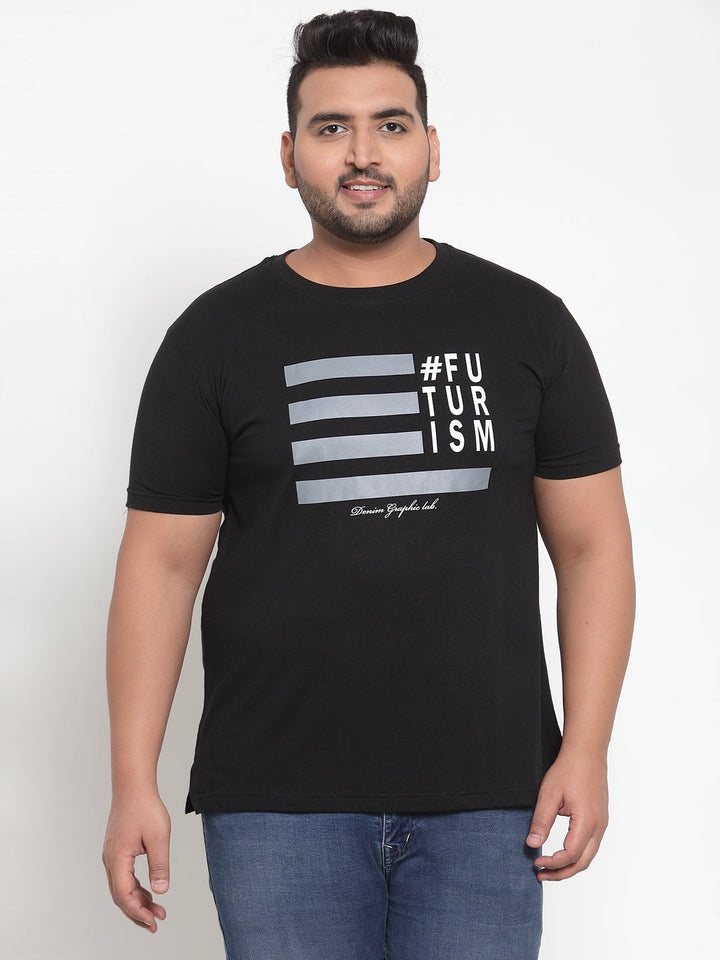 plusS Men Black Printed Pure Cotton T-shirt