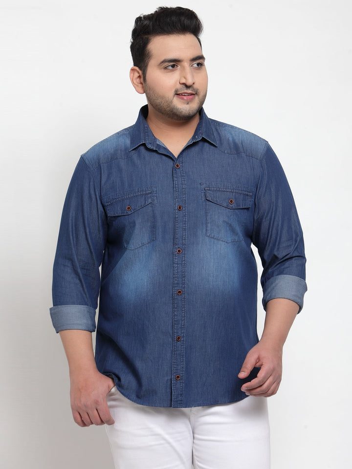 Men Blue Regular Fit Solid Casual Denim Shirt