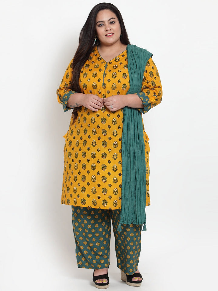 Women Yellow & Green Printed Kurta with Palazzos & Dupatta