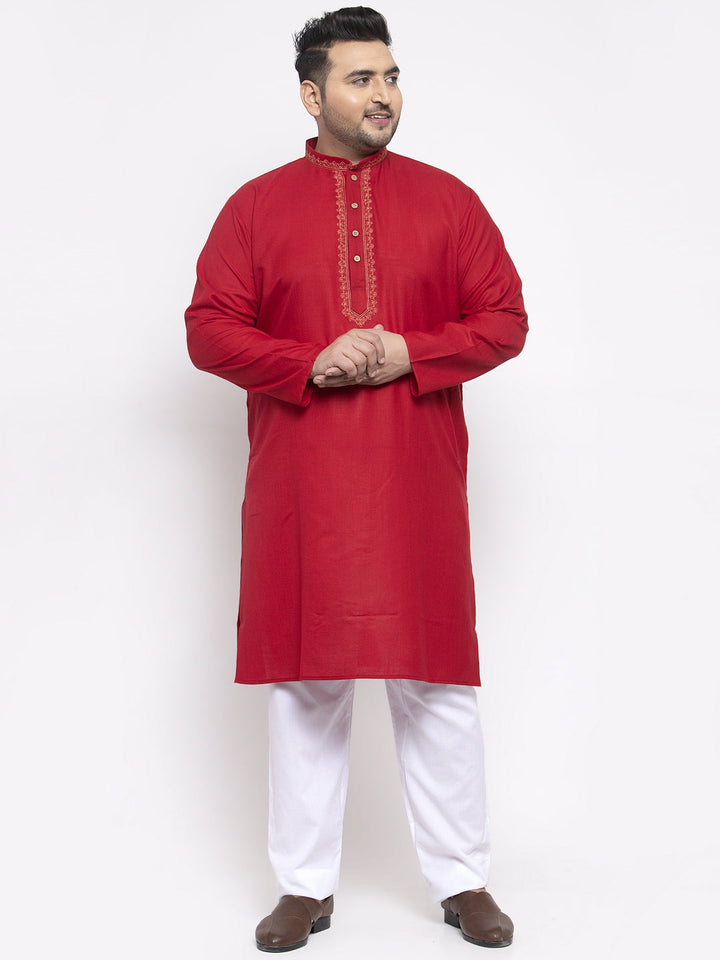 plusS Men Red Solid Kurta with Pyjamas