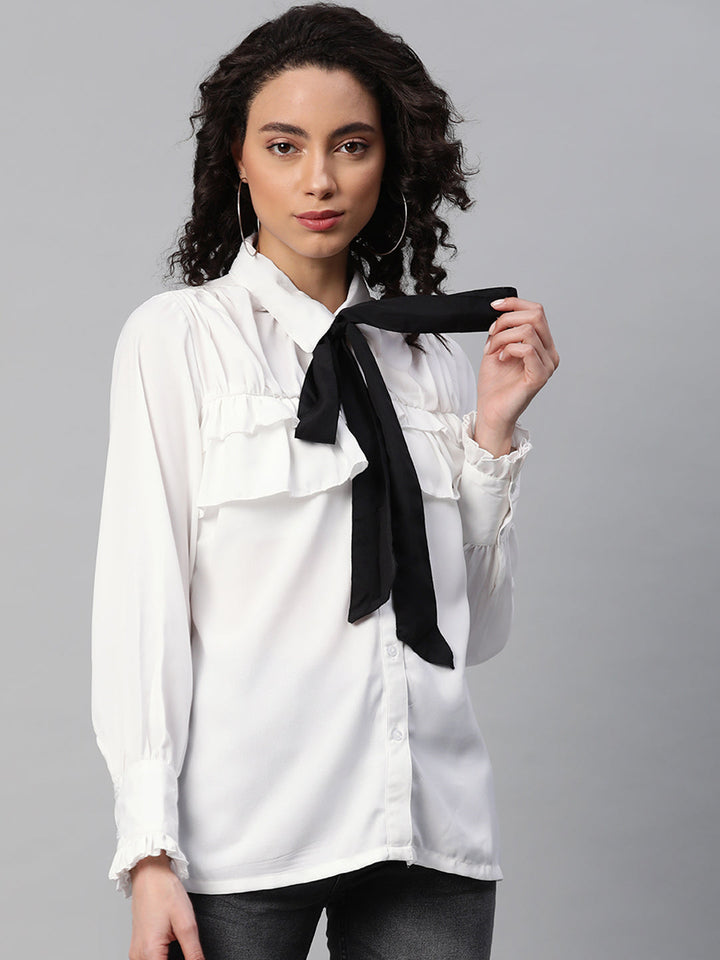 plusS Women White  Black Regular Fit Solid Casual Shirt