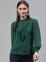 plusS Women Green Poly Georgette Mandarin Collar Ruffles Top