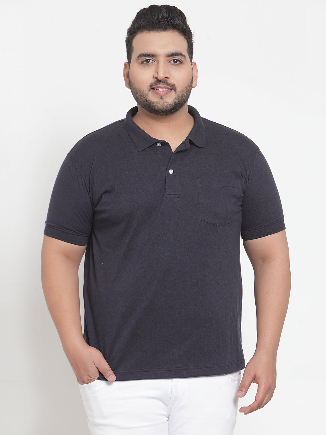 Men Navy Blue Solid Polo Collar Pure Cotton T-shirt