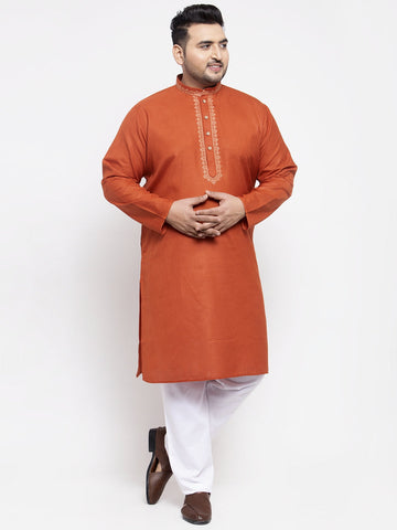 plusS Men Rust Brown Solid Kurta with Pyjamas