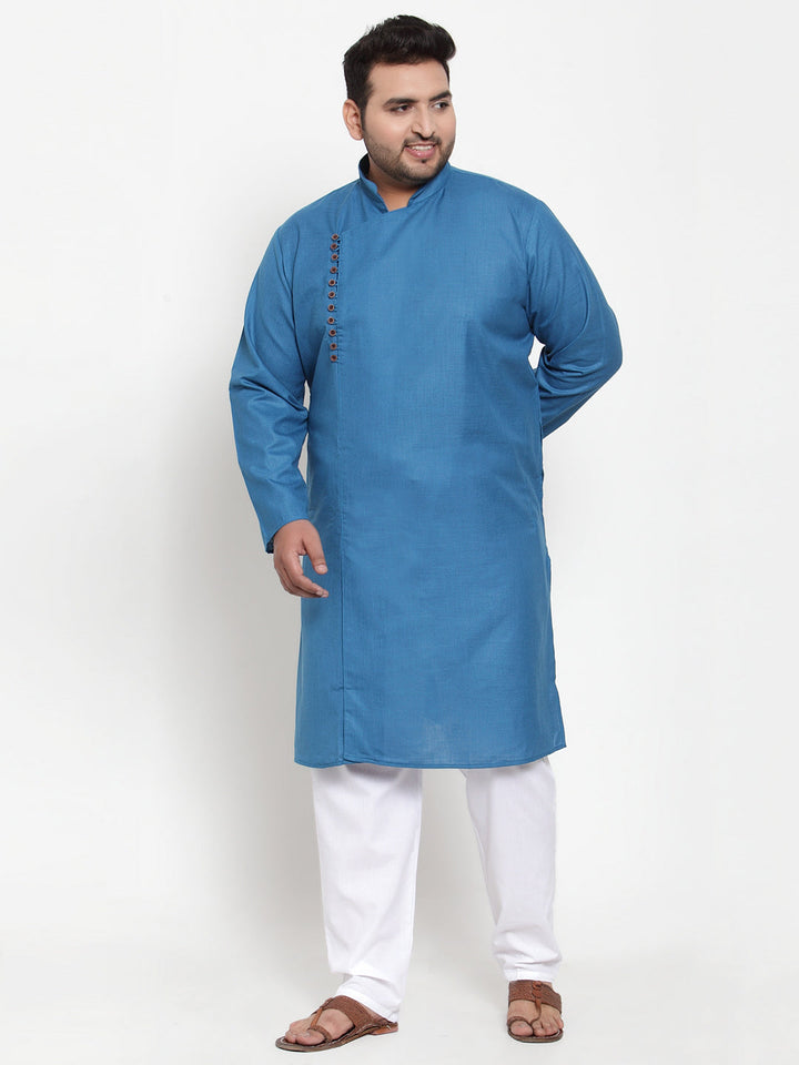 Men Blue & White Solid Kurta with Pyjamas