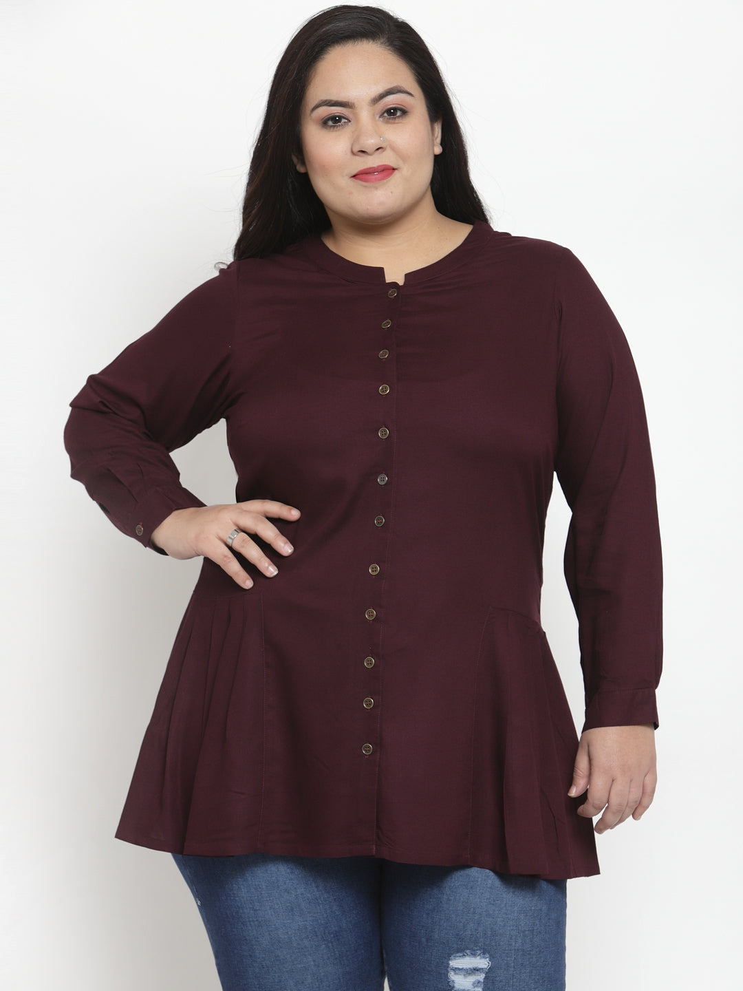 plusS Women Burgundy Solid Shirt Style Top