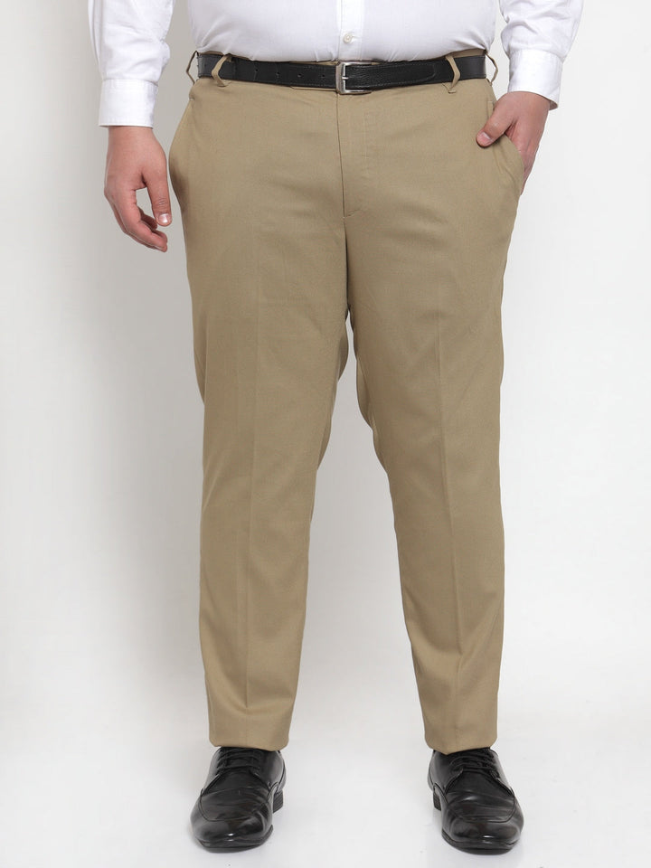 Men Beige Regular Fit Solid Plus Size Formal Trousers