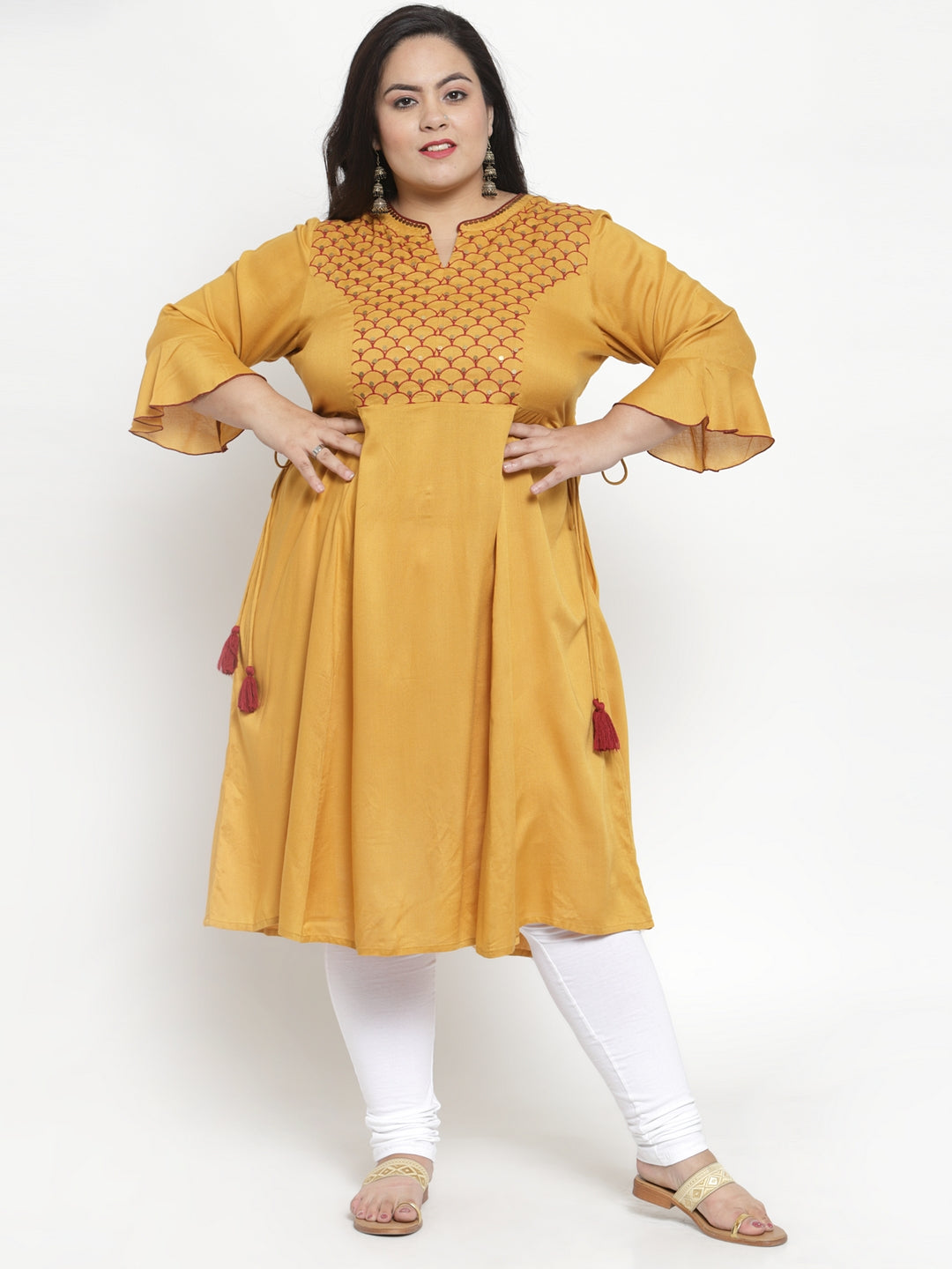 plusS Women Mustard Yellow  Red Yoke Design A-Line Kurta