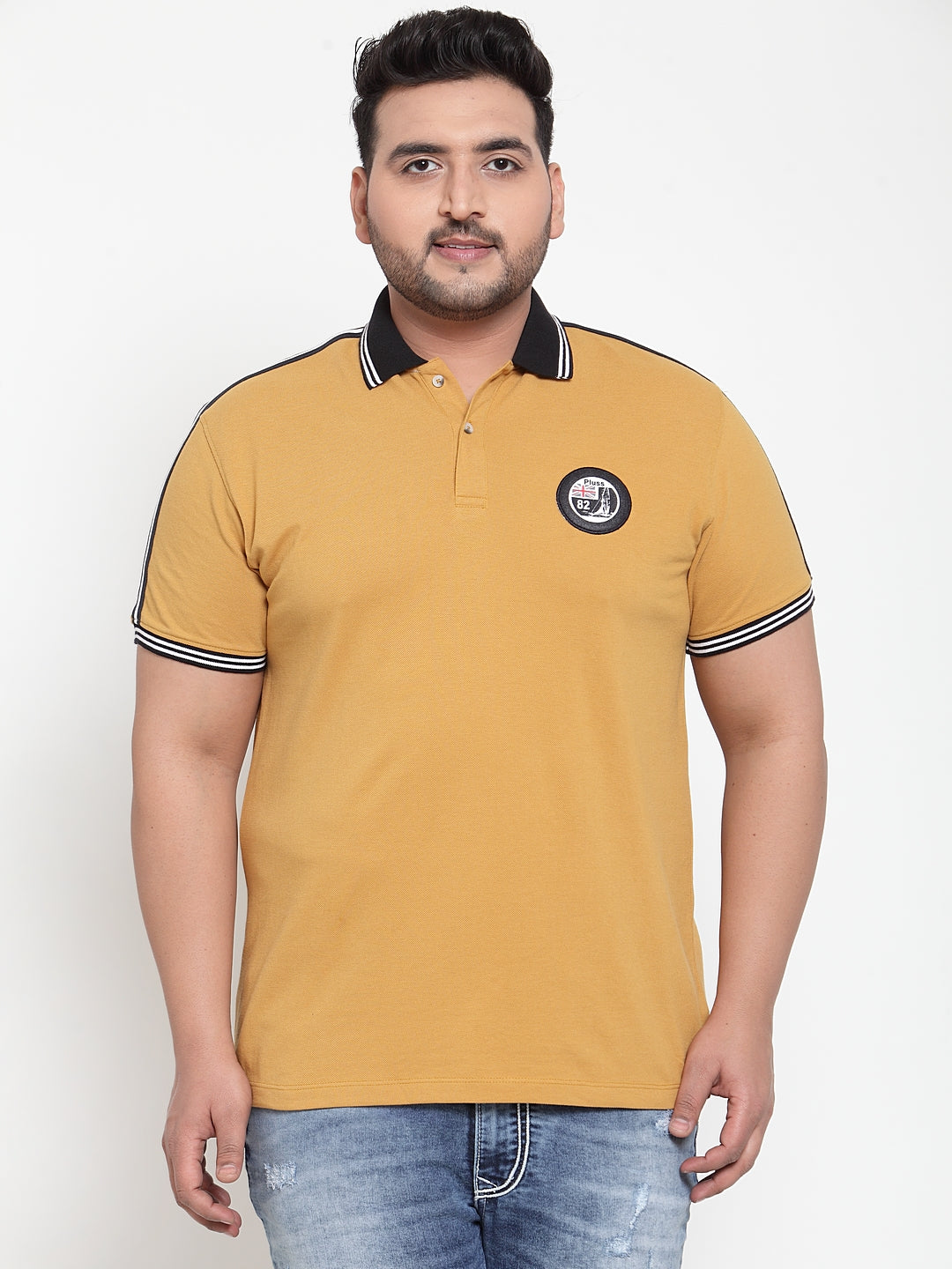 plusS Men Mustard Yellow  Black Solid Polo Collar Pure Cotton T-shirt