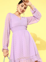 plusS Women Elegant Lavender Self Design Smocked Dress