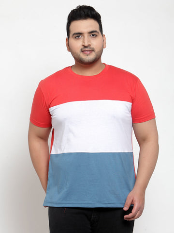 plusS Plus Size Men Pink  White Colourblocked Cotton T-shirt