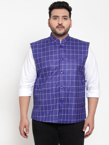 Men Blue & White Checked Waistcoat