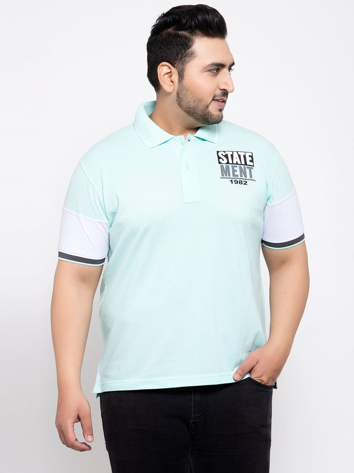 Men Sea Green White Printed Polo Collar Cotton Pure Cotton T-shirt