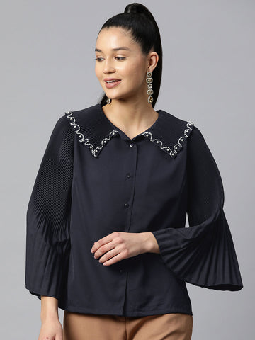 plusS Navy Blue Shirt Style Top