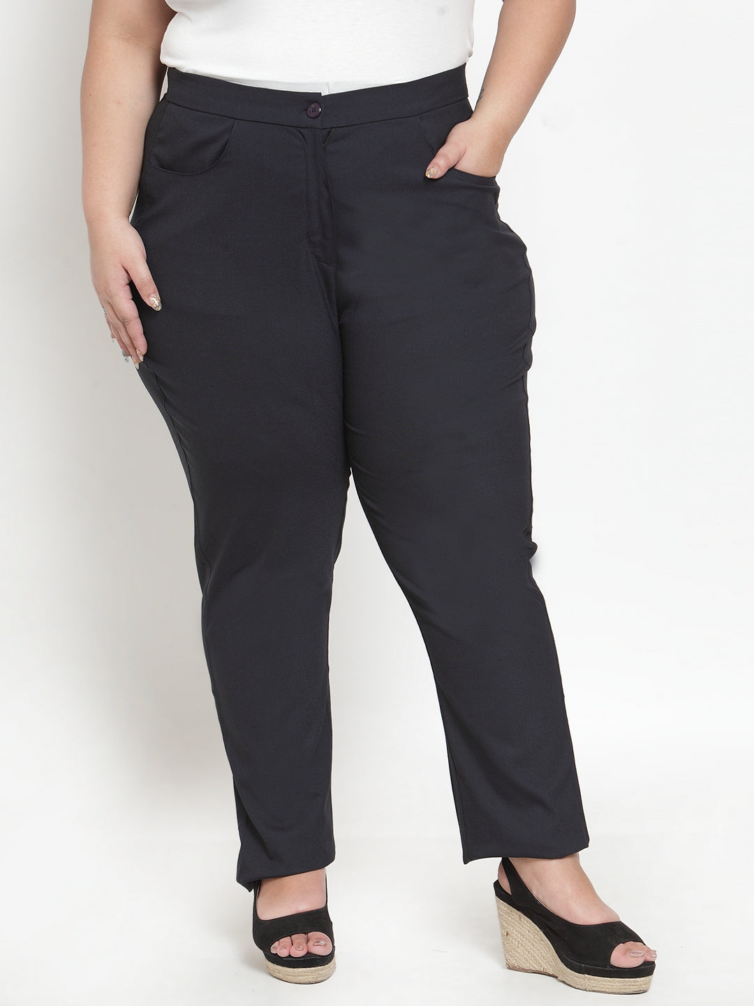 plusS Women Navy Blue Regular Fit Solid Regular Trousers