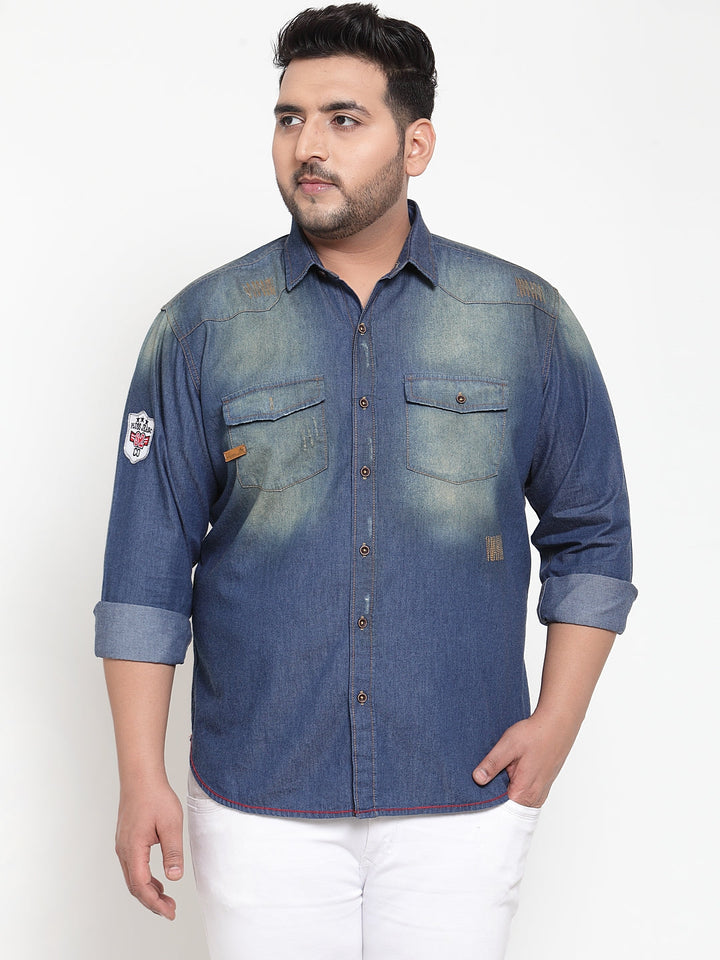 plusS Men Blue Regular Fit Faded Denim Casual Shirt