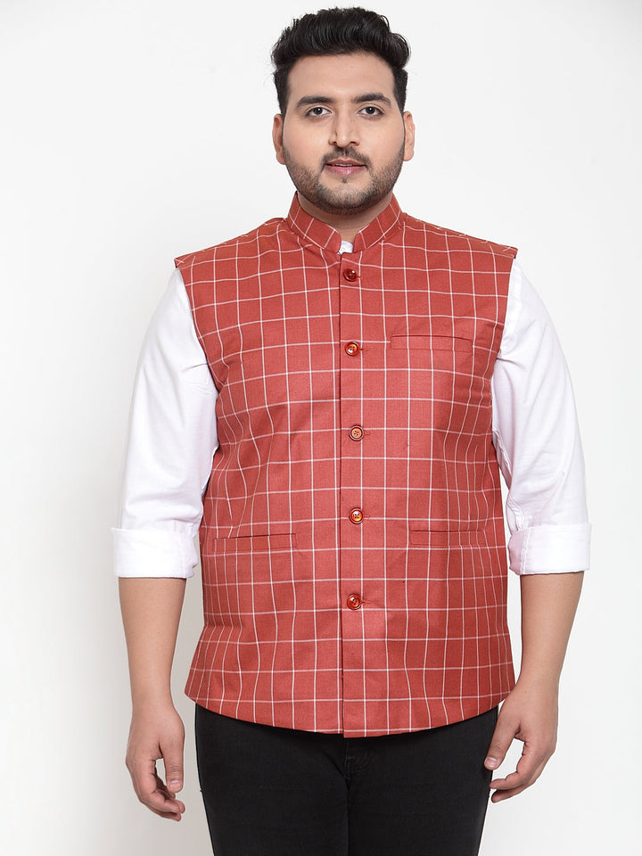 Men Orange & White Checked Waistcoat