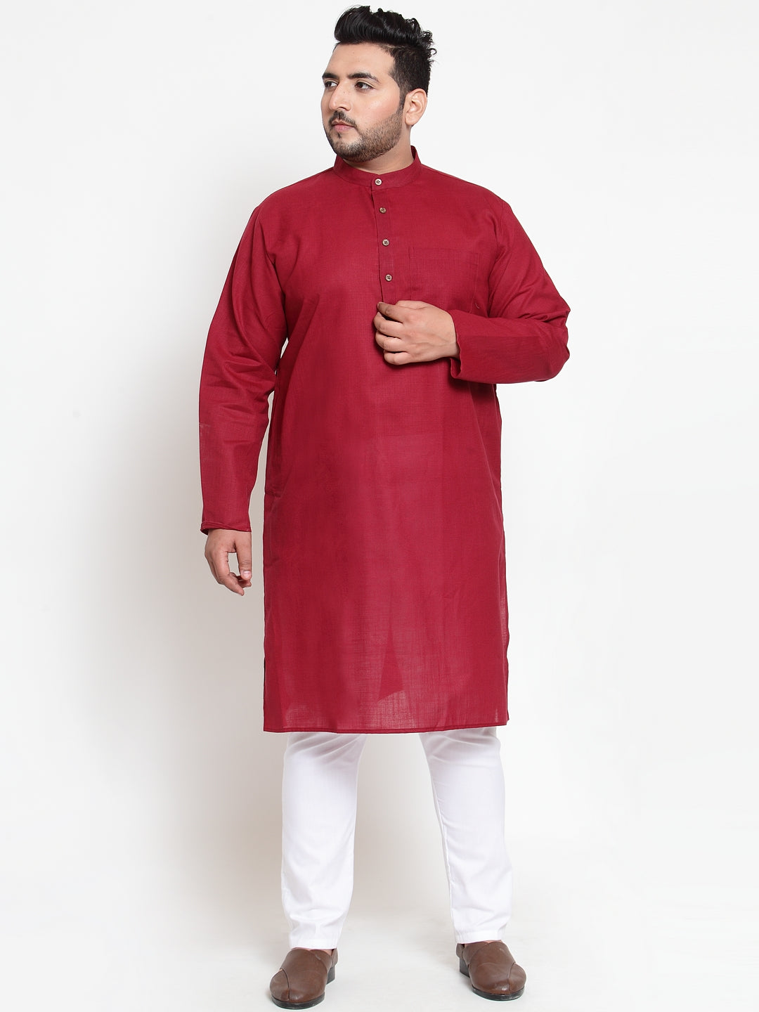 plusS Men Maroon  White Solid Kurta with Pyjamas