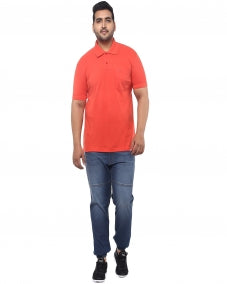 Men Coral Orange Solid Polo Collar T-shirt