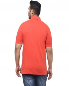 Men Coral Orange Solid Polo Collar T-shirt