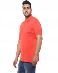 Men Coral Orange Solid Polo Collar T-shirt