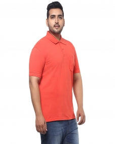 Men Coral Orange Solid Polo Collar T-shirt