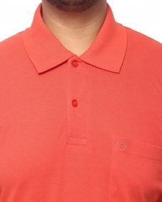 Men Coral Orange Solid Polo Collar T-shirt