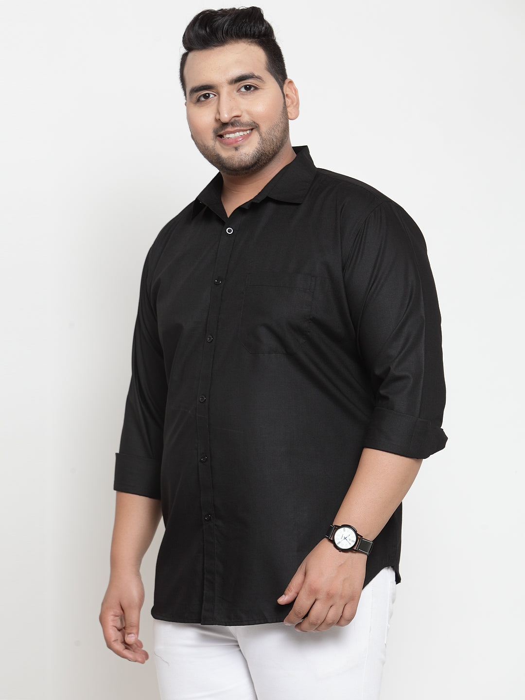 plusS Men Black Cotton Plus Size Casual Shirt