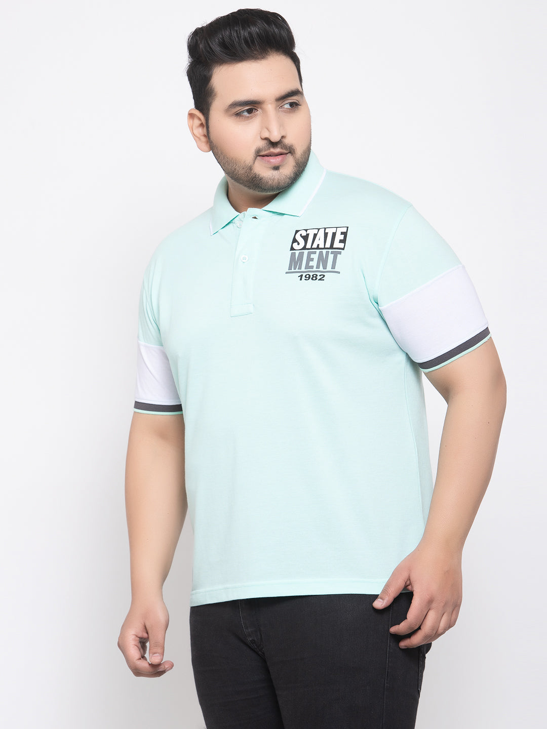 Men Sea Green White Printed Polo Collar Cotton Pure Cotton T-shirt