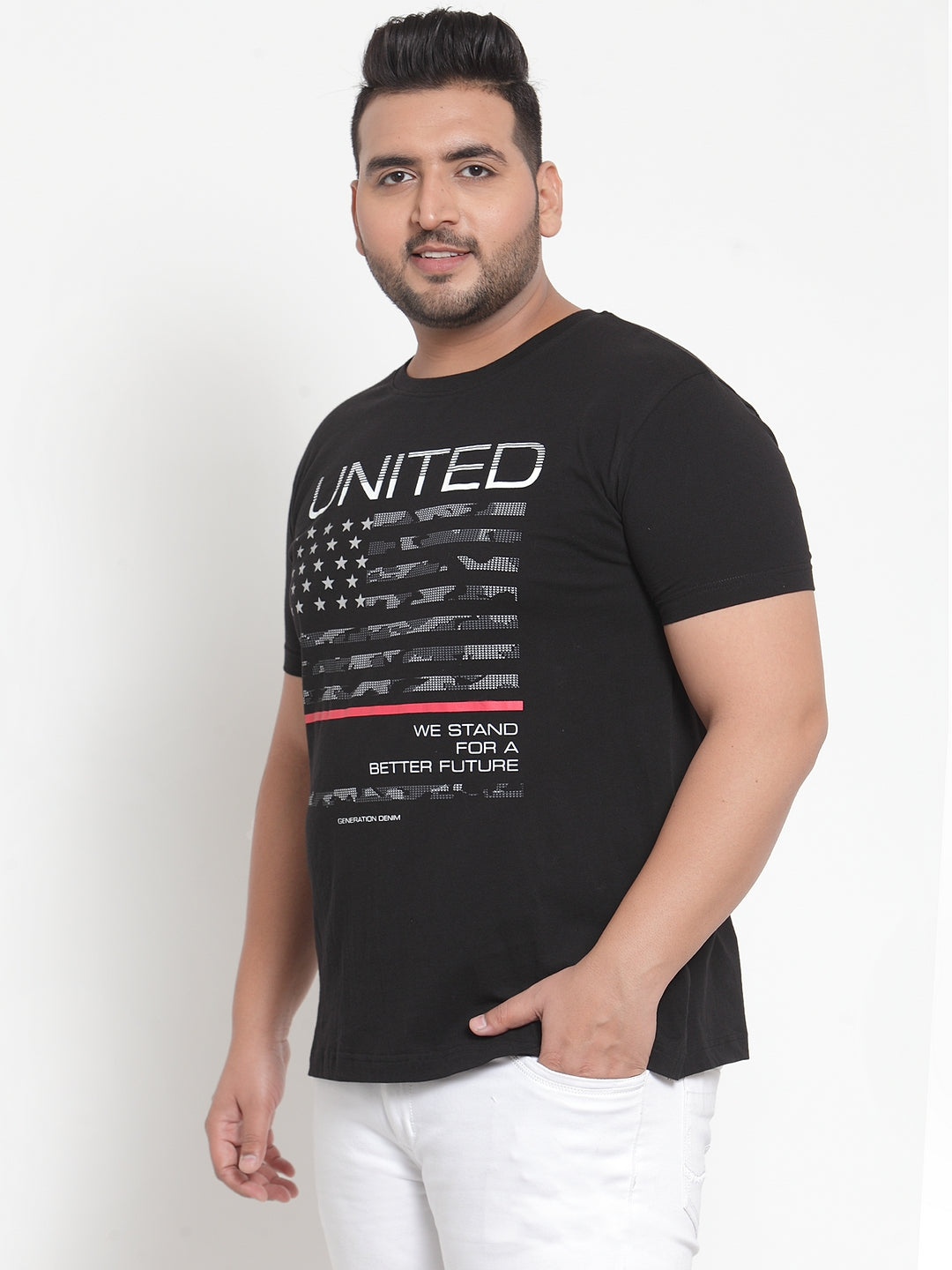 Men Plus Size Black Printed Cotton T-shirt