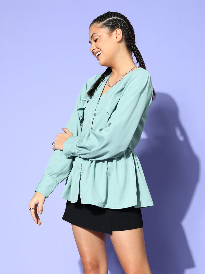 plusS Sea Green Solid Ruffled Top