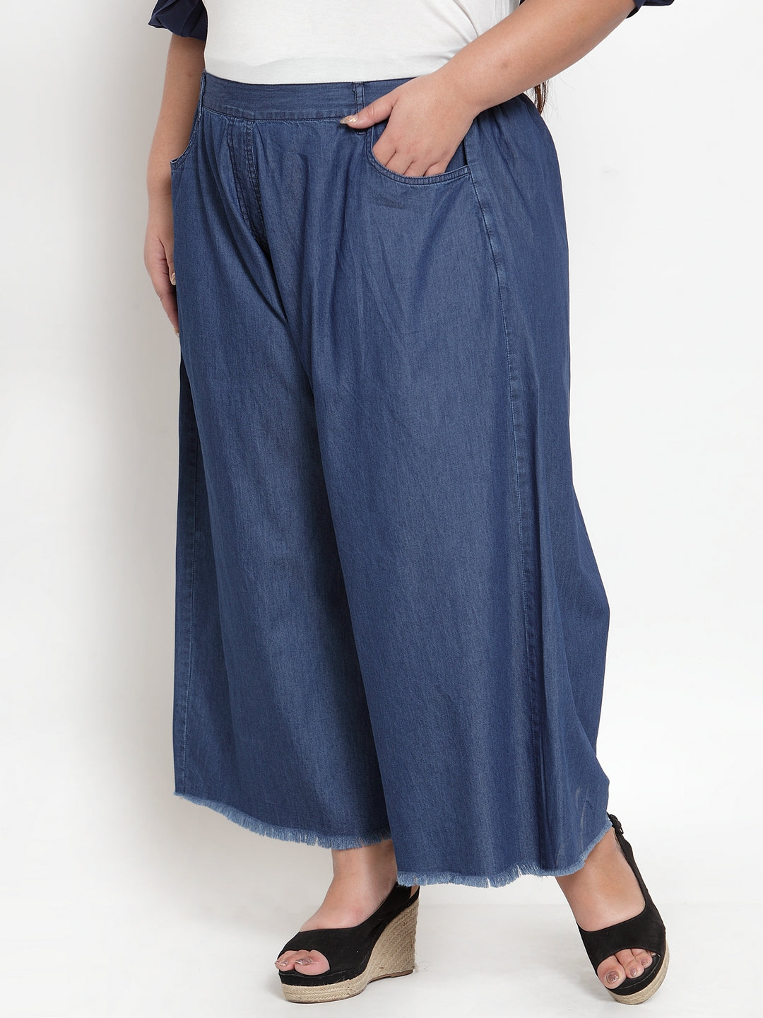 Women Blue Solid Wide Leg Palazzos