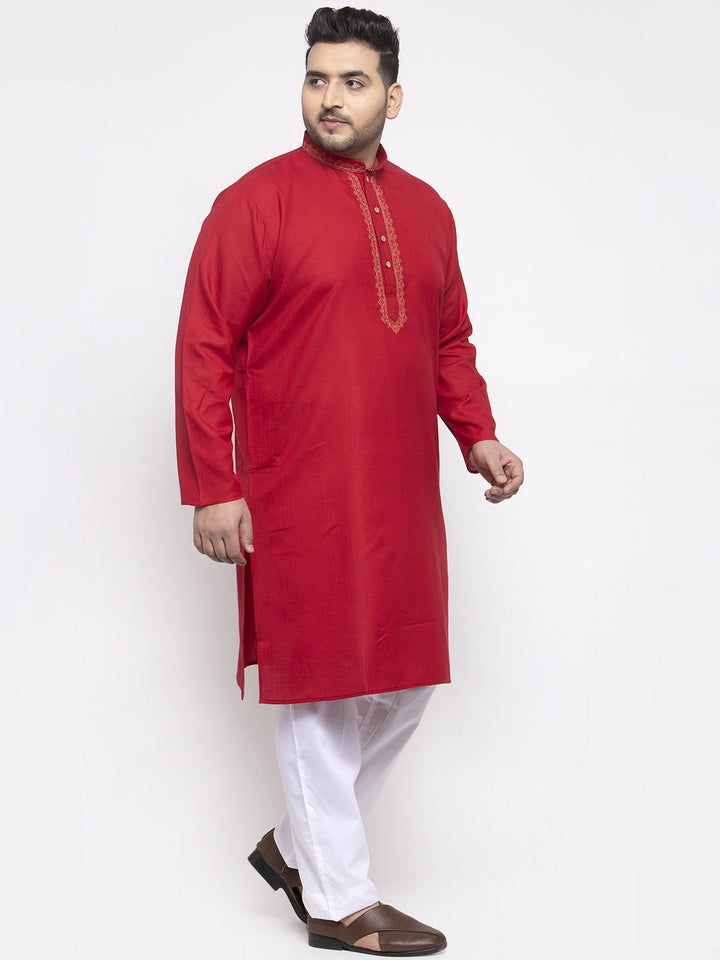 plusS Men Red Solid Kurta with Pyjamas