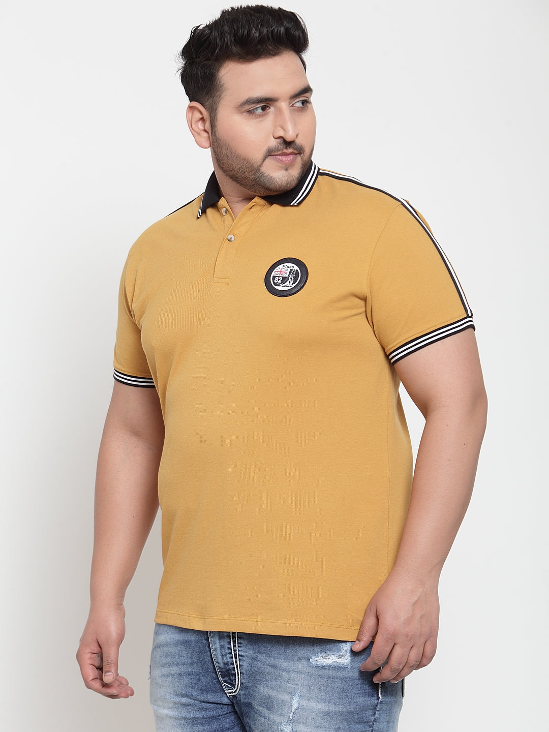 plusS Men Mustard Yellow  Black Solid Polo Collar Pure Cotton T-shirt