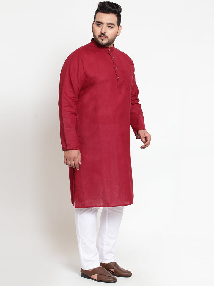 plusS Men Maroon  White Solid Kurta with Pyjamas