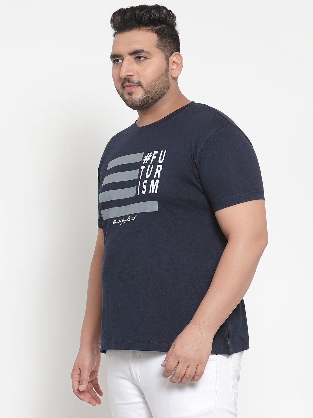 Men Navy Blue Printed Round Neck Pure Cotton T-shirt