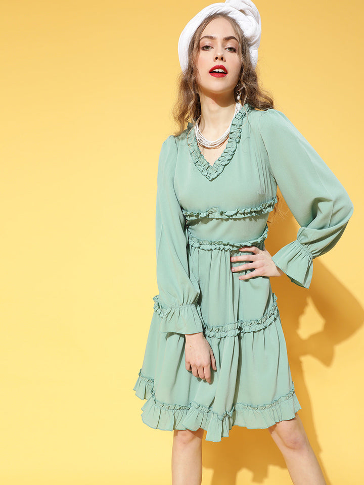 plusS Enchanting Sea Green Solid Ruffled Dress