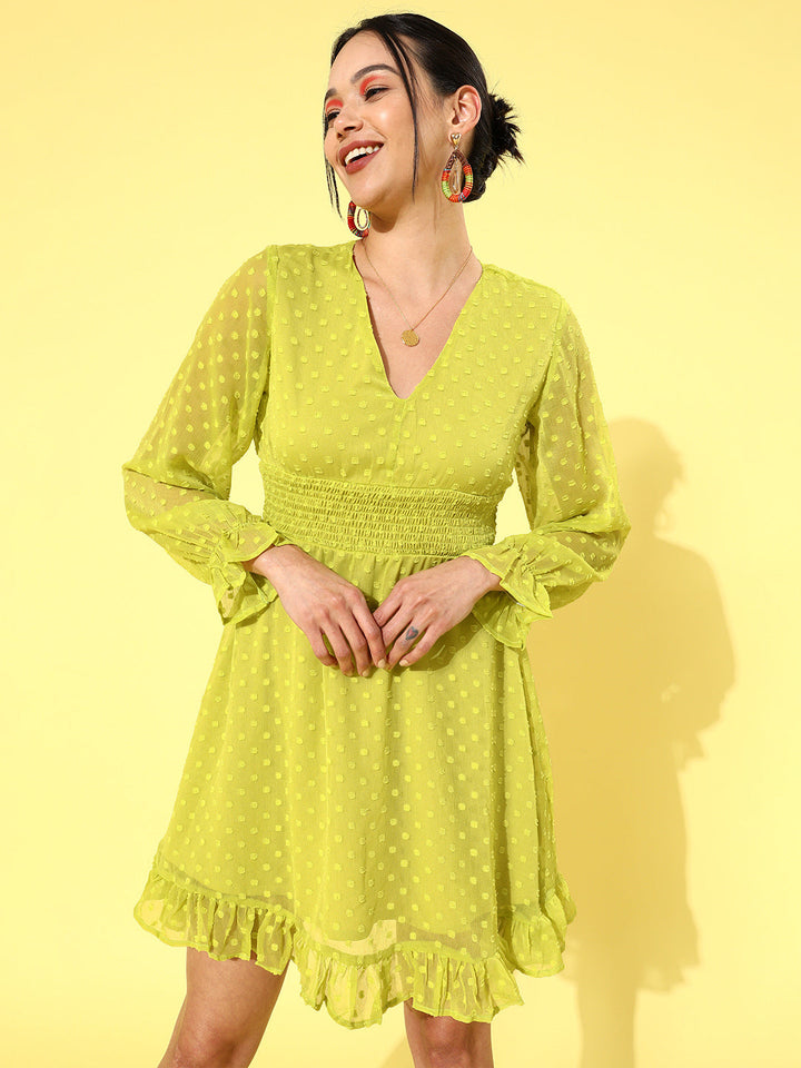 plusS Women Attractive Lime Green Self Design Smocked Dress