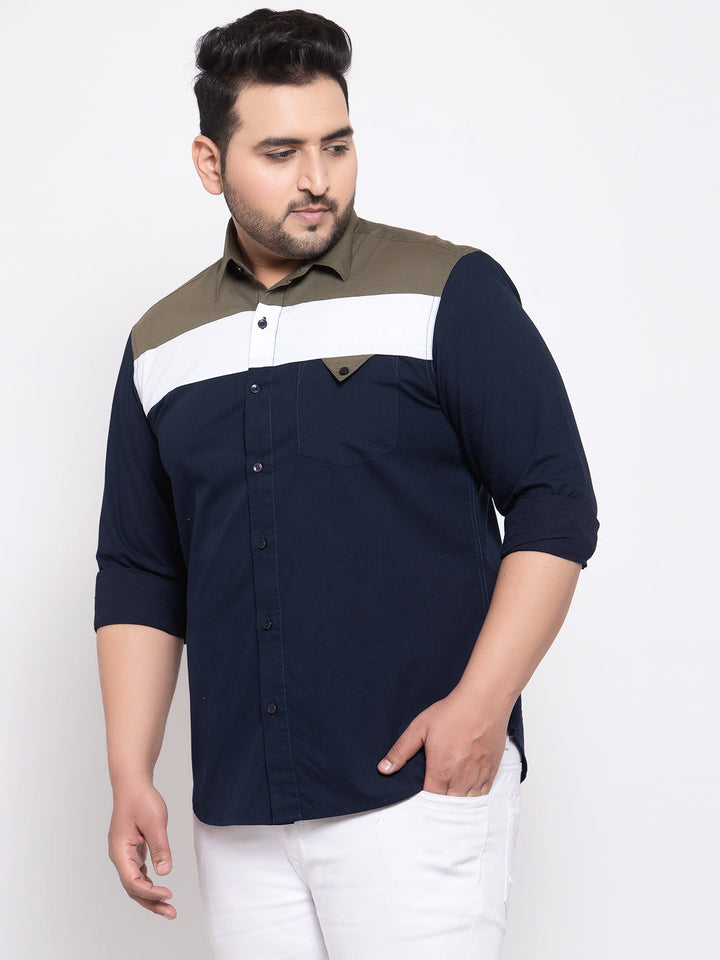 plusS Men Navy Blue  White Regular Fit Striped Casual Shirt