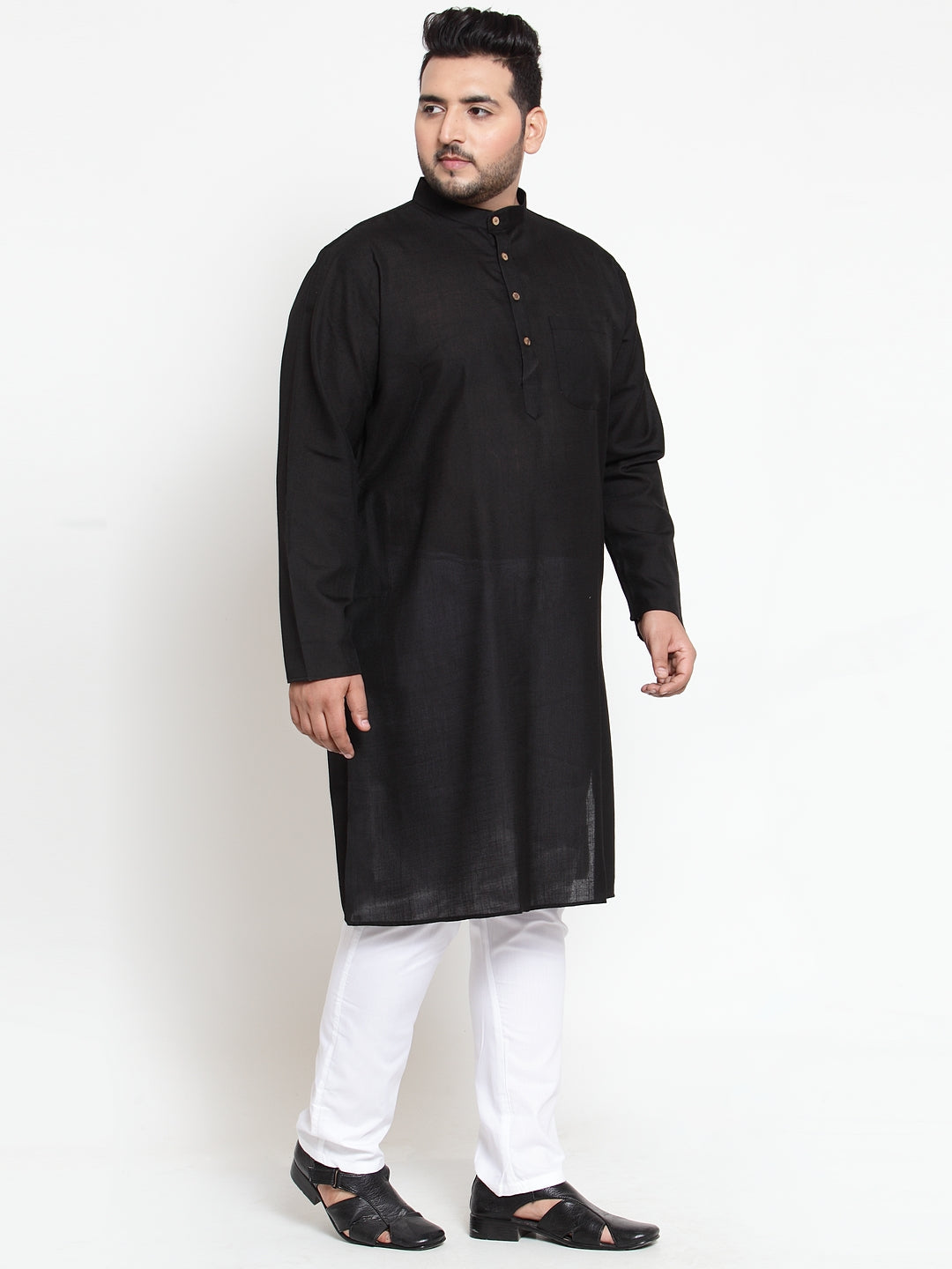 plusS Men Black  White Solid Kurta with Pyjamas