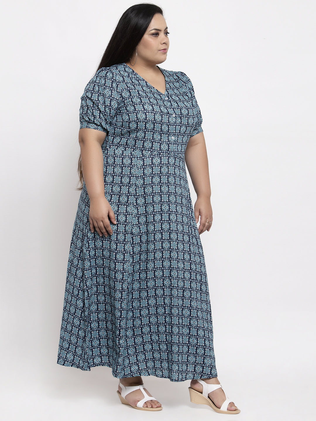 plusS Women Blue  Off-White Printed Maxi Dress