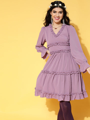 plusS Elegant Mauve Solid Ruffled Dress