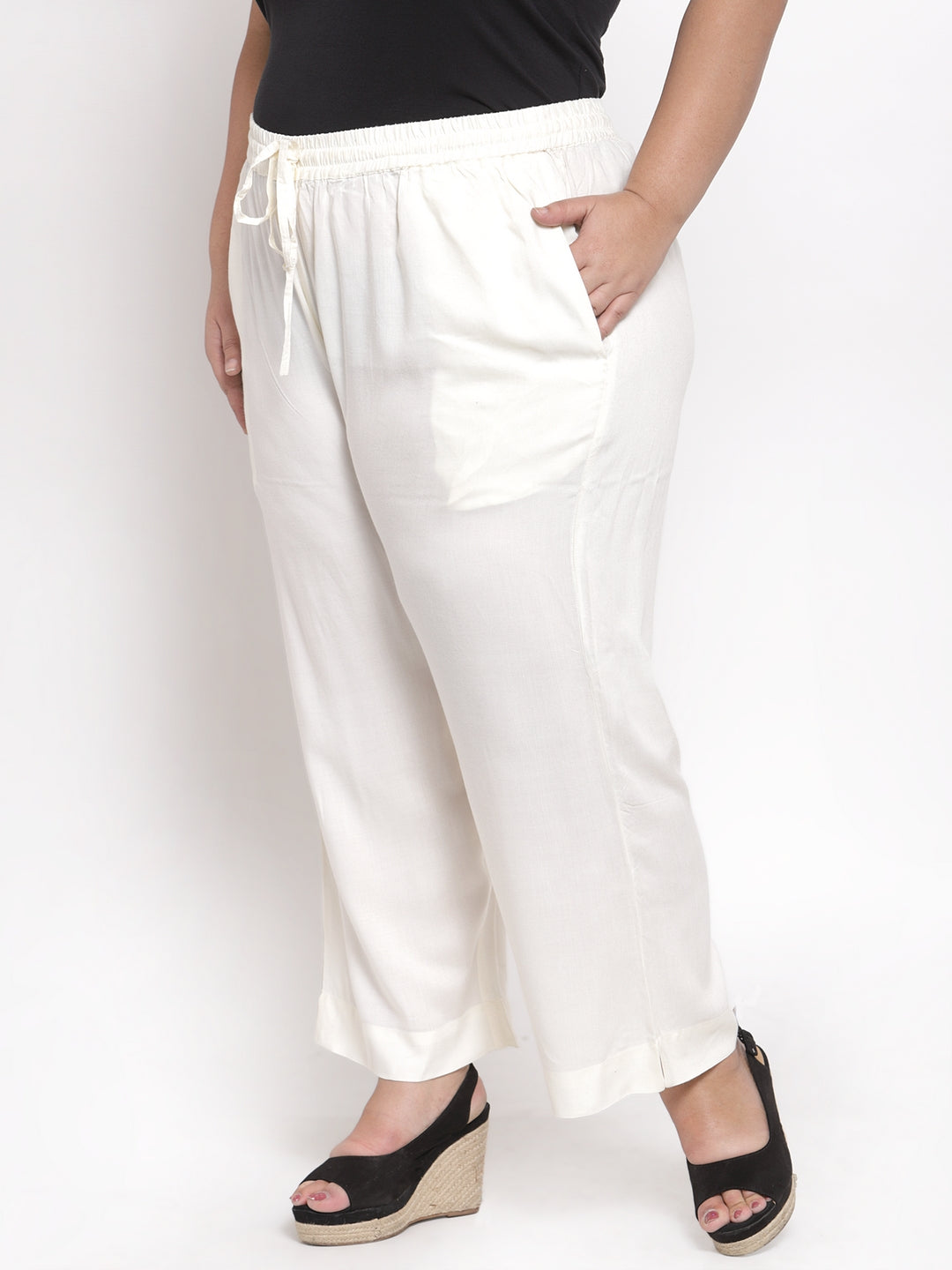 plusS Women White Solid Straight Palazzos