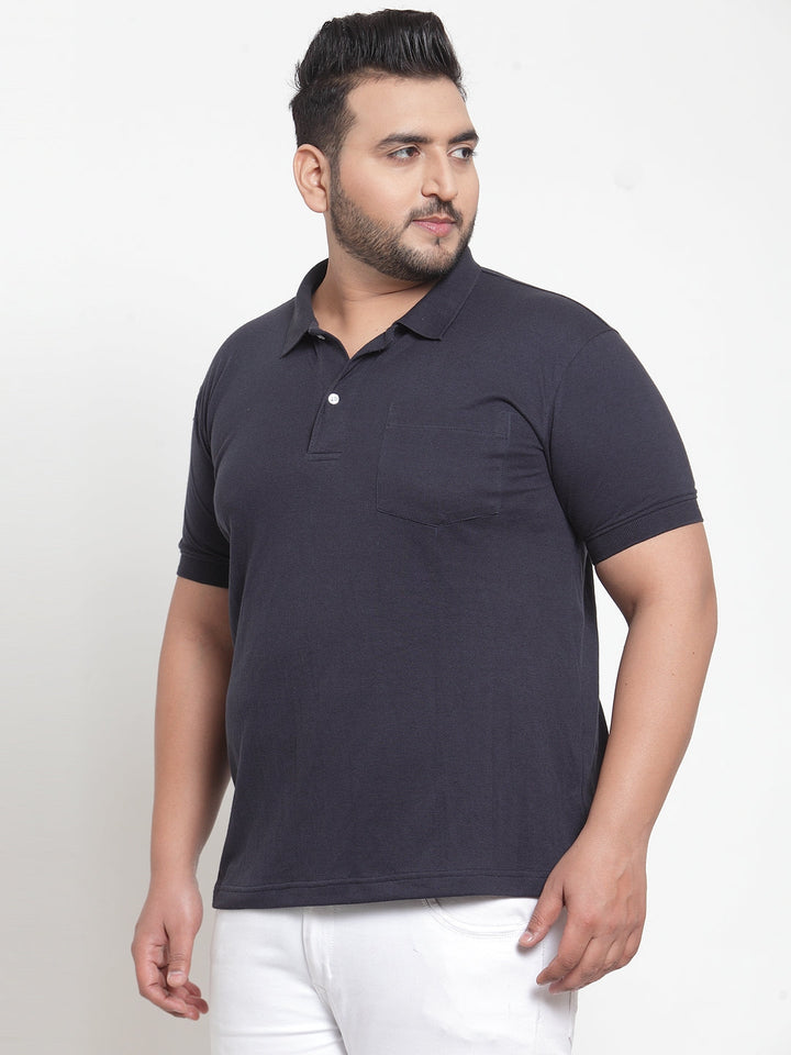 Men Navy Blue Solid Polo Collar Pure Cotton T-shirt