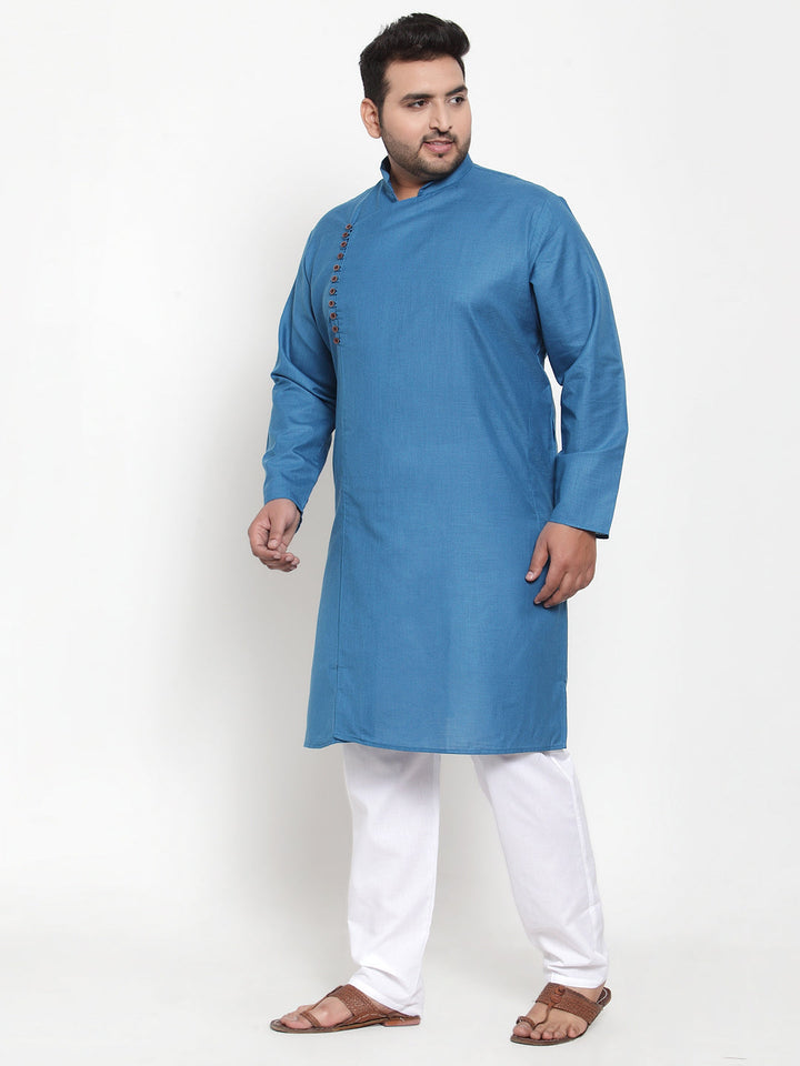 Men Blue & White Solid Kurta with Pyjamas