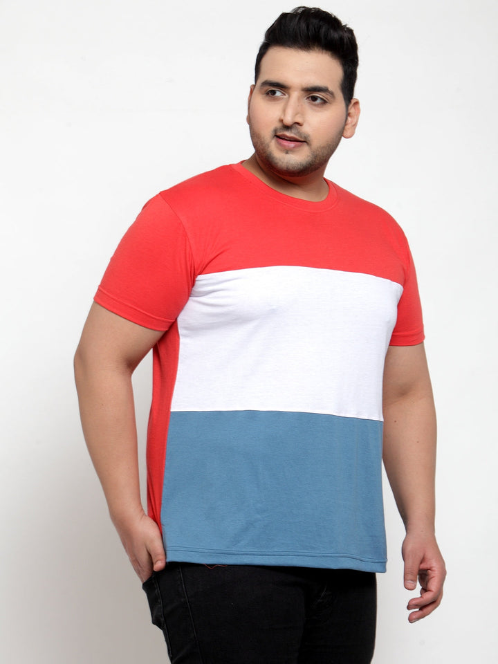 plusS Plus Size Men Pink  White Colourblocked Cotton T-shirt