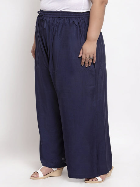 Women Navy Blue Solid Straight Palazzos